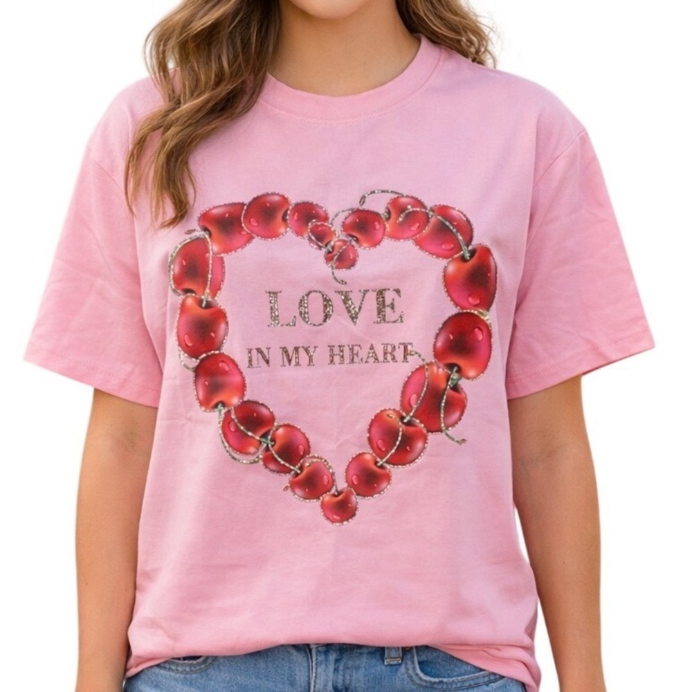 Muy Muy Women's Cherry Heart Love Short Sleeve Crewneck Pullover Shirt Size L